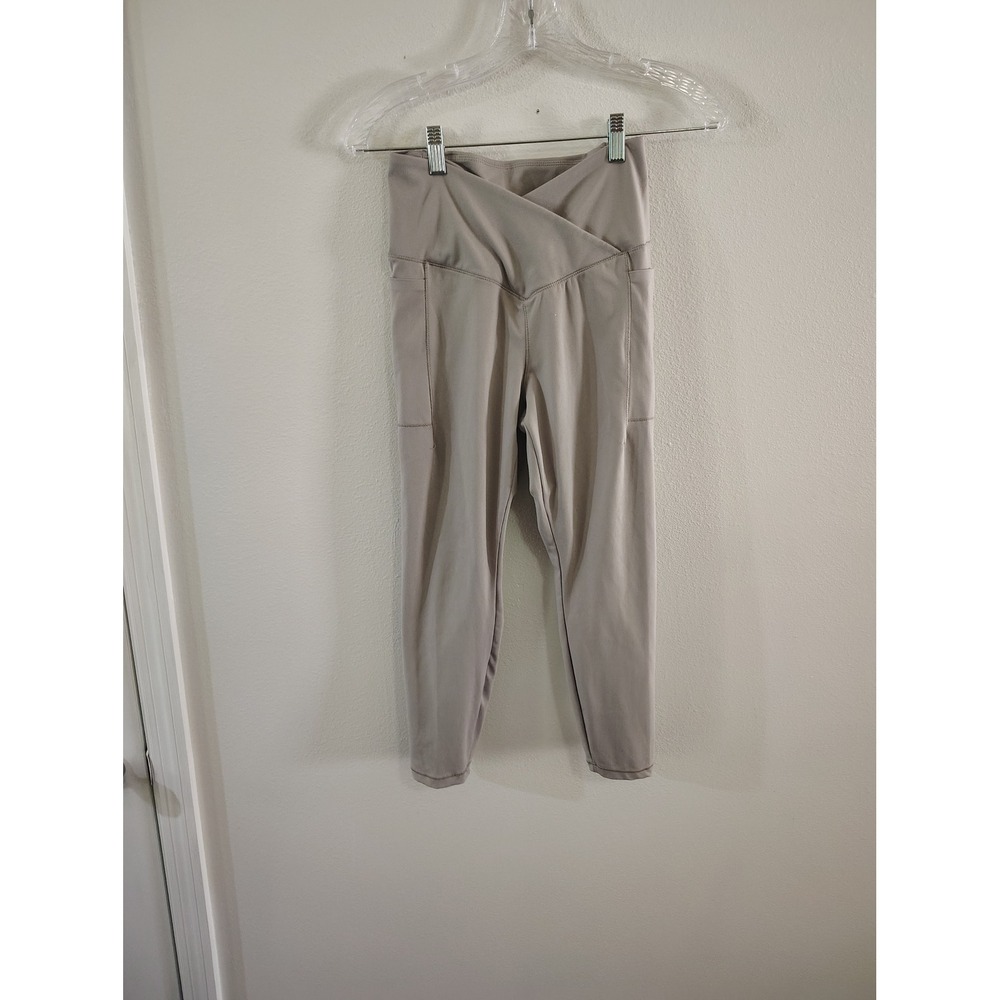 Danskin High Waisted Crossover Leggings Taupe Side Pockets Small Athleisure